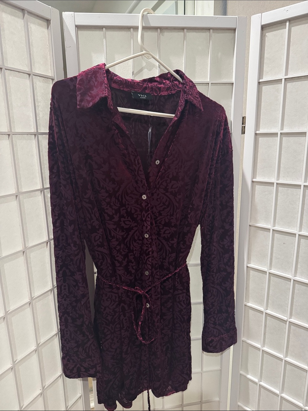 🥰Vici Burgundy Velvet Damask Button-Front Romper🥰